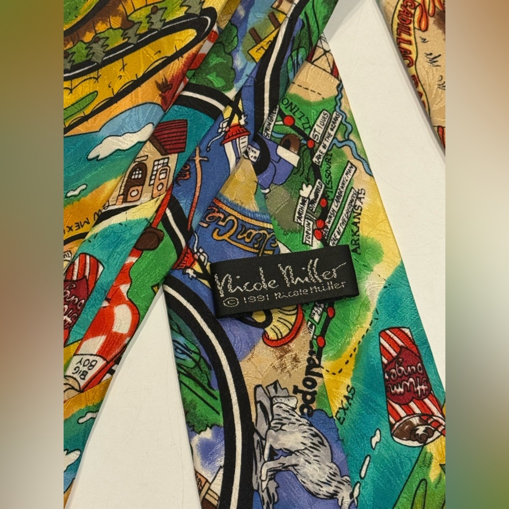 VTG 90s 100% Silk Nicole Miller Novelty Tie Road Trip Americana 1991 - Picture 4 of 6